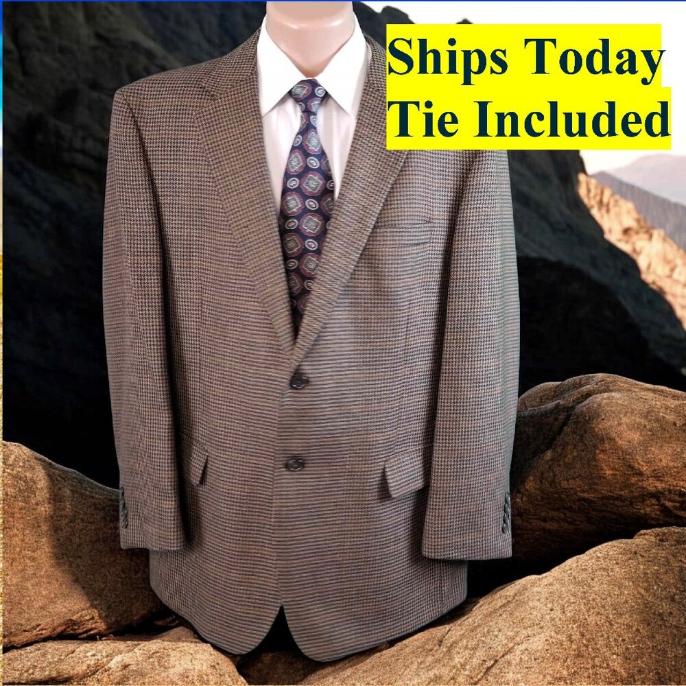 Jos A Bank Men's 46R Brown Check 100% Wool Blazer Sport Coat & Tie 12627